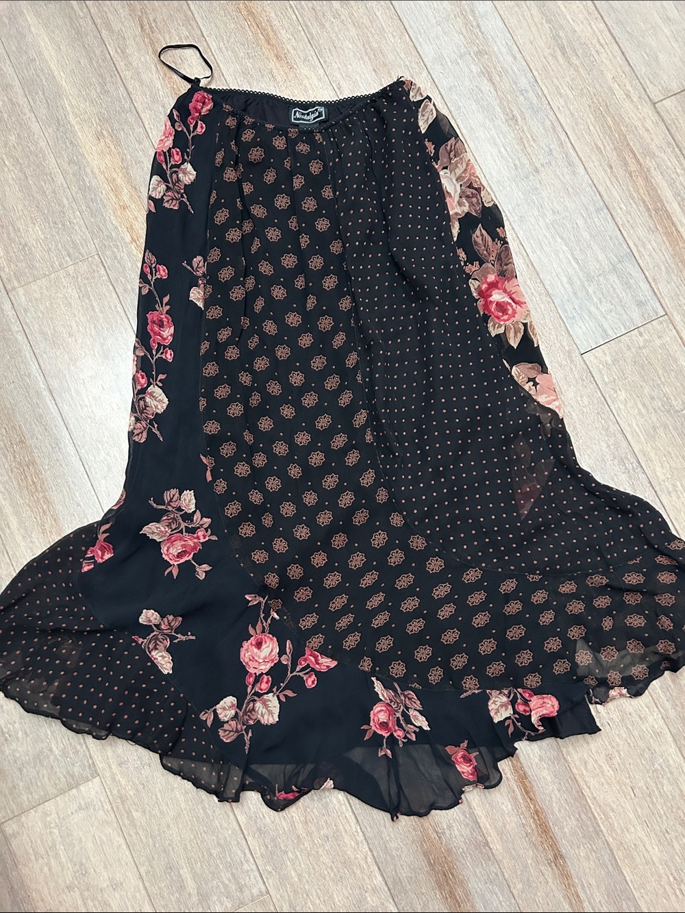 Floral Patchwork Chiffon Maxi Skirt - Black with Pink Roses elastic band sz S